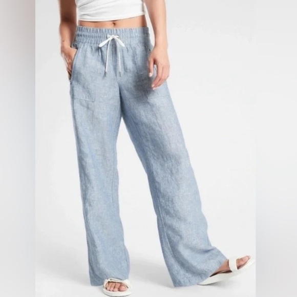 Athleta Cabo Linen Light Heathered Blue Beachy Wide Leg Drawstring Pant - Picture 3 of 8
